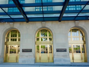 The Wellington Street entrance to the Wellington Building, a building on Parliament Hill. (David Akin photo)