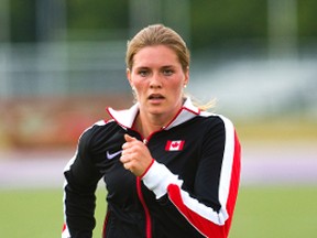 Back home after a record-setting final season in pole vault at the University of Miami, Alysha Newman works out at TD Stadium this week prior to heading the Canadian track and field championships and Olympic trials in Edmonton this weekend. (MIKE HENSEN, The London Free Press)