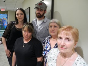 Many members of the Lacoursiere and Leblanc families attended the sentencing decision for John Hemingway at Tom Davies Square Thursday afternoon. Left to right are Ricki-Lyn Benoit, Dawn Carriere, Travis Lacoursiere, Anna Lacoursiere, and Yollande Lortie. (HAROLD CARMICHAEL/Sudbury Star)