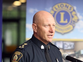 Ben Leeson/Sudbury Star
Greater Sudbury Police Service Chief Paul Pedersen speaks during a press conference at Tom Davies Square in Sudbury on Thursday to mark the 20th anniversary of the Lions Eye in the Sky Monitoring Program and the announcement of a new camera at the corner of Elm Street and Notre Dame Avenue.