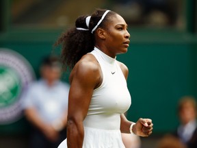 Serena Williams celebrates faces Angelique Kerber in the Wimbledon women's final in London on Saturday. (Alastair Grant/AP Photo)