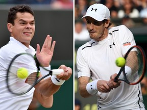 A combination of pictures created on July 9, 2016 shows Canada’s Milos Raonic (left) and Britain’s Andy Murray at the 2016 Wimbledon Championships. (Getty Images)