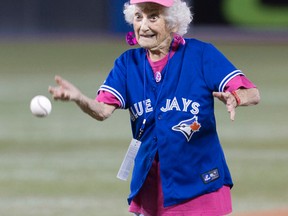Kitty Cohen, then 101, became the oldest person in Canadian history to throw a first pitch at a Major League Baseball game Sunday May 11, 2014 at the Rogers Centre. (Stan Behal/Toronto Sun)