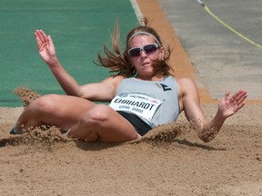 Espanola's Caroline Ehrhardt regained her national triple jump title at the Canadian Track and Field Championships in Edmonton on Saturday.  Dan Riedlhuber/Canadian Press