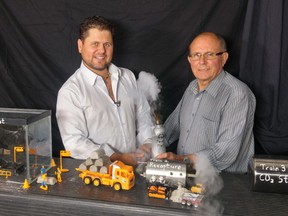 Dennis Stelmack, left, and his father Eugene aim to win a $7.5-million competition involving fighting climate change with carbon-capture technology.