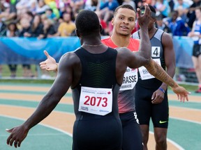 The stands at Foote Field were packed with specttators Saturday to watch Andre De Grasse win the country's 100-metre title. (David Bloom)