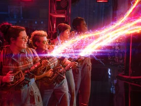 In this image released by Sony Pictures, from left, Melissa McCarthy, Kate McKinnon, Kristen Wiig and Leslie Jones appear in a scene from, "Ghostbusters." (Sony Pictures via AP)