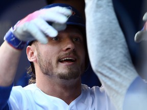Josh Donaldson of the Toronto Blue Jays celebrates a single home run in the first inning against the Kansas City Royals during MLB action at the Rogers Centre in Toronto on July 5, 2016. (Dave Abel/Toronto Sun/Postmedia Network)