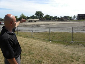 Ernst Kuglin/The Intelligencer
Quinte West public works director Chris Angelo surveys the new ball diamond under construction at Trenton’s Centennial Park Monday. The city launched Phase 1 of the park master plan with the construction of the diamond and a new soccer pitch.