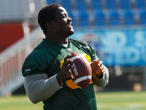 Almondo Sewell, shown here at practice last season, is the only member of the Eskimos defence to record a sack this season. (Ian Kucerak)