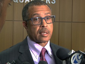 In this image from video, Detroit Police Chief James Craig speaks to reporters during a news conference held at his department's headquarters in Detroit, Monday July 11, 2016. Craig discussed his decision to demote a white Detroit police detective who, in an online post on Facebook, referred to the Black Lives Matter movement as "racists" and "terrorists.” (AP Photo/Mike Householder)