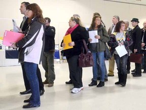 Hundreds of interested job seekers were on hand in 2013 for the Green Arc job fair held at the St. Marys Pyramid Centre. The company has dropped plans to open a tire recycling plant, with more than 300 workers, in the town. (Stratford Beacon Herald file photo)