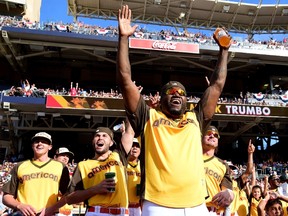 David Ortiz of the Boston Red Sox cheers during the T-Mobile Home Run Derby at PETCO Park in San Diego on July 11, 2016. (Harry How/Getty Images/AFP)