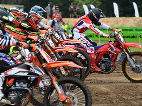 Jeremy Medaglia shoots out of the second moto MX2 gates in front of the pack Sunday at Gopher Dunes. Medaglia, recently recovered from a concussion, was seventh in the first moto, and did not finish the second in Round 5 of the CMRC Rockstar Energy Drink Motocross Nationals. (CHRIS ABBOTT/TILLSONBURG NEWS)
