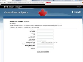 A screenshot of the site used by fraudsters to scam people. While it looks similar to the CRA website, none of the icons on the site actually work and the site’s URL doesn’t correspond to the CRA’s online page.