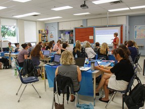 Elementary teachers learn about iPad and green screen apps, numeracy, kindergarten cirrculum changes and inquiry based learning, during the ETFO Limestone Summer Academy held at Lancaster Drive Public School in Kingston, Ont. on Wednesday July 13, 2016. The more than 80 teachers get the opportunity to network, share classroom tips and spend the time learning skills to help improve their students learning opportunities. Julia McKay/The Whig-Standard/Postmedia Network