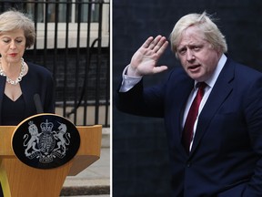 New British Prime Minister Theresa May and now newly-minted Foreign Secretary Boris Johnson. (WENN.com/Carl Court/Getty Images)