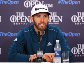Dustin Johnson of the United States speaks at a press conference during previews ahead of the 145th Open Championship at Royal Troon on July 13, 2016 in Troon, Scotland. (Matthew Lewis/Getty Images)