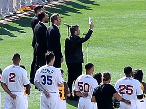 The Tenors, musicians based in British Columbia, perform 'O Canada' prior to the 87th Annual MLB All-Star Game at PETCO Park on July 12, 2016 in San Diego, California.  (Photo by Denis Poroy/Getty Images)