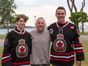 Head coach Mark Davis (centre) welcomes newcomers Alec Scarsella (left) and Austin Bentley to the Sarnia Legionnaires roster. The two forwards were signed Wednesday by the Jr. 'B' hockey club.
Submitted photo by Anne Tigwell