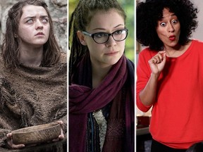 (l-r): Maisie Williams in "Game of Thrones" ; Tatiana Maslany in Orphan Black and Tracee Ellis Ross in "black-ish." (Handout photos)