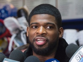 Former Montreal Canadiens defenseman P.K. Subban talks with reporters during an end of season availability at the team training facility in Brossard, Quebec.  (Paul Chiasson/The Canadian Press via AP, File)