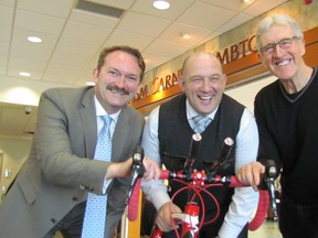Shown in this file photo at the announcement in March for the Bluewater International Granfondo cycling event in Sarnia-Lambton are David Palmer, Jonathan Palumbo and Ken MacAlpine. The event has closed off registration for the July 31 races, with more than 500 riders expected.
(File photo)