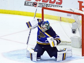 St. Louis Blues goalie Jake Allen blocks a shot against the San Jose Sharks during the third period in game five of the Western Conference Final of the 2016 Stanley Cup Playoffs at Scottrade Center. The Sharks won the game 6-3. (Billy Hurst/USA TODAY Sports)