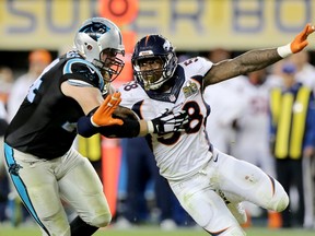 In this Sunday, Feb. 7, 2016 file photo, Denver Broncos’ Von Miller (58) makes an outside rush against the Carolina Panthers’ Mike Remmers (74) during Super Bowl 50 in Santa Clara, Calif. (AP Photo/Gregory Payan, File)