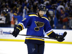 St. Louis Blues’ Jaden Schwartz skates on the ice following Game 6 of the Western Conference semifinals against the Dallas Stars, Monday, May 9, 2016, in St. Louis. (AP Photo/Jeff Roberson)
