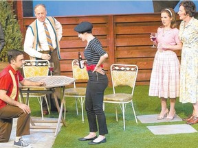 From left, Brad Austin as Beverly Woytowich, Alan Kliffer as Gary Fluck, Brian Linds as his father, Sam Fluck, Steffi DiDomenicantonio as Bobbi, Ella Simon as Janey Fluck and Patti Allan as Hilda Fluck star in Hilda?s Yard at Huron Country Playhouse II until July 29.  (John Sharp/Special to Postmedia News)