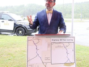 MPP for Sudbury Glenn Thibeault announces Friday that an additional 11 kilometres of Highway 69 will be opening with four lanes in the coming weeks. (Gino Donato/Sudbury Star)