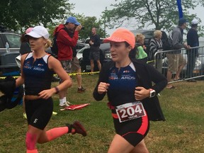 Kaitie Bogie and Tricia Denunzio running into transition. (Contributed photo)