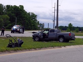 The scene of a fatal two-vehicle crash that happened Saturday in Plympton-Wyoming, at the intersection of Forest Road and London Line, is shown in this OPP photo. A 67-year-old Watford woman was pronounced dead at the scene and a 24-year-old woman and nine-month-old child were taken to hospital with minor injuries. Police said the intersection was expected to be closed until 6 p.m. Saturday.
Handout/Sarnia Observer/Postmedia Network