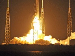 The SpaceX Falcon 9 rocket lifts off from space launch complex 40 at Cape Canaveral, Florida with a Dragon CRS9 spacecraft on July 18, 2016. A SpaceX rocket blasted off July 18 toward the International Space Station, carrying a load of supplies for the astronauts living in space, including equipment to enable future spaceships to park at the orbiting outpost. "Falcon 9 is on its way," said a commentator at SpaceX mission control as the white rocket launched under a dark night sky from Cape Canaveral, Florida at 12:45 am.