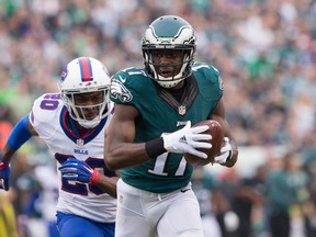 Philadelphia Eagles wide receiver Nelson Agholor catches the ball for a 53 yard touchdown in front of Buffalo Bills free safety Corey Graham. (Bill Streicher/USA TODAY Sports)