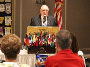 Sarnia-Lambton MP Bob Bailey addresses a crowd at the Rotary Club of Sarnia meeting Monday. He used the platform to raise ongoing concerns with the Liberal government's cap-and-trade plan. (Barbara Simpson/Sarnia Observer/Postmedia Network)