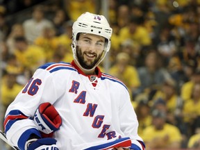 New York Rangers centre Derick Brassard reacts on the ice against the Pittsburgh Penguins during the second period in Game 5 of the first round of the NHL playoffs at the CONSOL Energy Center in Pittsburgh on April 23, 2016. (Charles LeClaire/USA TODAY Sports)