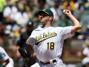 Rich Hill of the Oakland Athletics pitches against the Toronto Blue Jays during the first inning at the Oakland Coliseum on July 17, 2016 in Oakland, California. (Photo by Jason O. Watson/Getty Images)