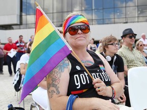 Francine Larabee attended the Sudbury Pride flag-raising ceremony at Tom Davies Square on Monday. (John Lappa/Sudbury Star)
