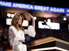 Melania Trump, wife of Presumptive Republican presidential nominee Donald Trump, waves to the crowd after delivering a speech on the first day of the Republican National Convention on July 18, 2016 at the Quicken Loans Arena in Cleveland, Ohio. An estimated 50,000 people are expected in Cleveland, including hundreds of protesters and members of the media. The four-day Republican National Convention kicks off on July 18.  (Photo by Chip Somodevilla/Getty Images)