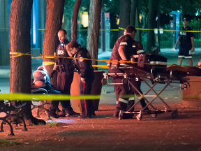 One man was killed after a fight in a parkette on Front St., west of Jarvis St., shortly after 10:15 p.m. on July 18, 2016. (Victor Biro/Special to the Toronto Sun)