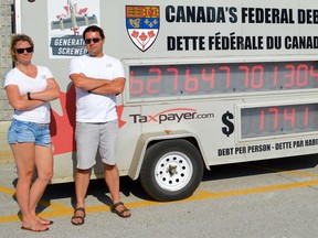 Ontario director Christine Van Geyn and federal director Aaron Wudrick of the Canadian Taxpayers Federation stand beside the Federation’s debt clock, during a recent visit to Petrolia. Melissa Schilz/Postmedia Network