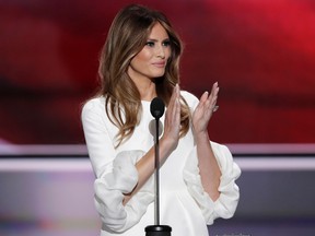 Melania Trump, wife of Republican presidential candidate Donald Trump, applauds as she recognizes veterans during the opening day of the Republican National Convention in Cleveland, Monday, July 18, 2016. (AP Photo/J. Scott Applewhite)