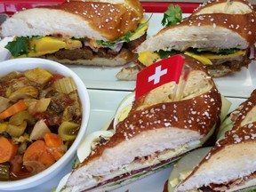 Swiss 2 Go sandwiches are adorned with tiny Swiss flags, Photo by Graham Hicks