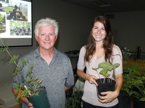 Bluewater Trails' Tony Barrand and Return the Landscape's Felicia Syer hold up a pair of rescued plants from the Howard Watson Nature Trail. The pair discussed the past, present and future of the trail during Green Drinks Sarnia on July 13.
CARL HNATYSHYN/SARNIA THIS WEEK