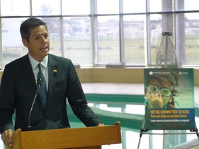 Mayor Brian Bowman speaks during a press conference at Pan Am Pool on Tuesday. (JIM BENDER/WINNIPEG SUN)