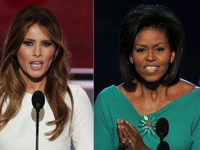 Melania Trump (L), wife of presumptive Republican presidential candidate Donald Trump, addresses delegates on the first day of the Republican National Convention on July 18, 2016, and Michelle Obama, wife of Barack Obama, greets the audience at the Democratic National Convention 2008. (AFP files)