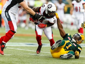 Odell Willis, shown here taking a penalty against the RedBlacks in the June 25 season opener at Commonwealth Stadium, is among a group of Eskimos with three on the season. (Ian Kucerak)