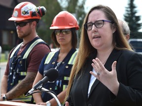 Alberta Minister of Labour, Christina Gray at a news conference talking about steps being taken to improve safety inspections in the residential construction worksites, in Edmonton Tuesday, July 19, 2016.